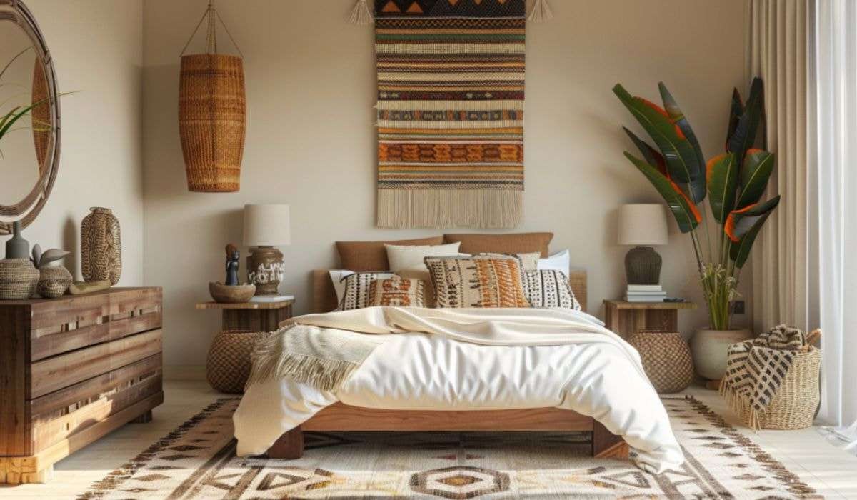 Phòng ngủ chuẩn phong cách Bohemian với tone kem chủ đạo và nội thất làm bằng gỗ, tạo cảm giác ấm cúng