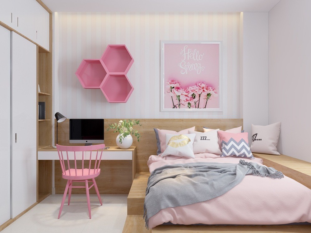Mẫu phòng ngủ màu hồng đơn giản với tường hồng nhạt và nội thất gỗ