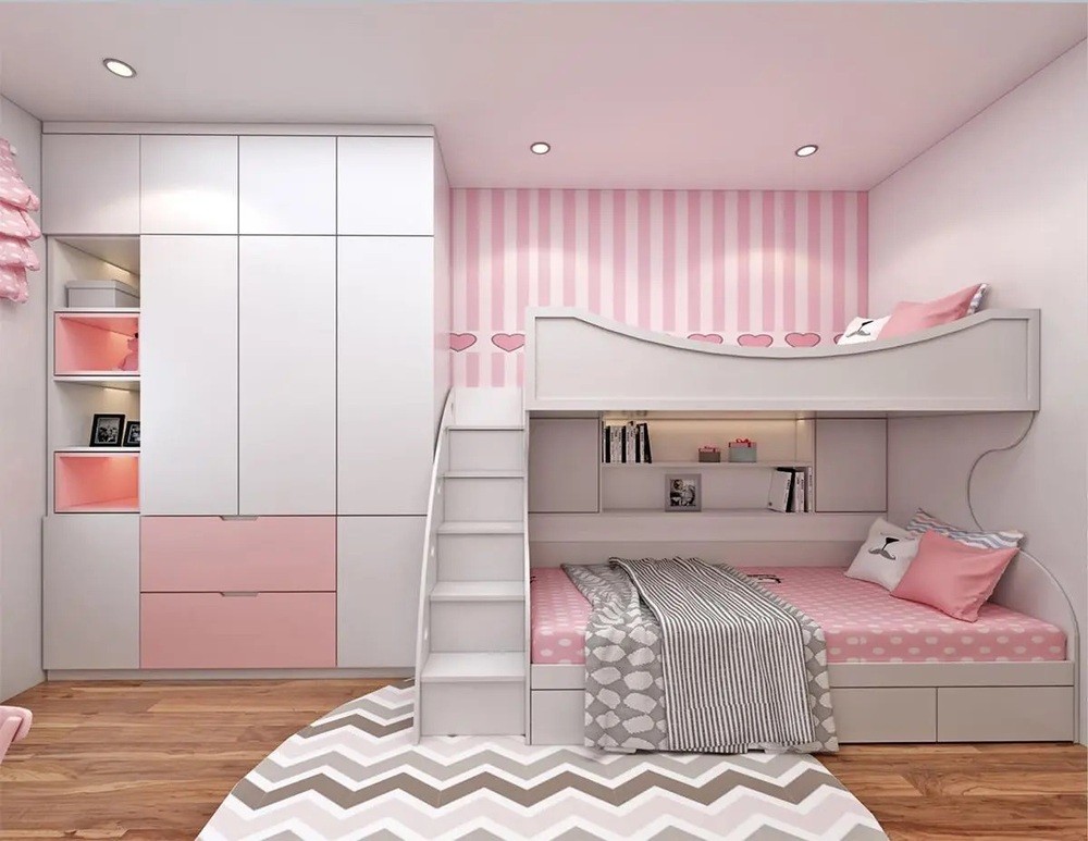 Thiết kế nội thất phòng ngủ 2 giường tone hồng cute, xinh xắn