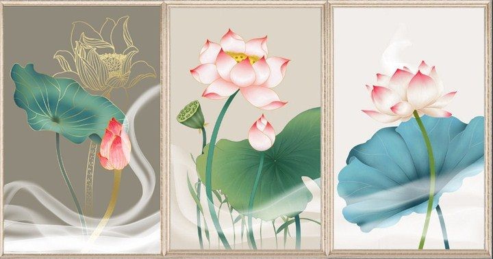 Tranh hoa sen với sắc hồng và trắng, mang lại sự bình yên, thanh tịnh cho phòng ngủ
