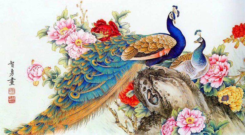 Tranh chim công với bộ lông sặc sỡ, biểu tượng của sự phú quý, thịnh vượng