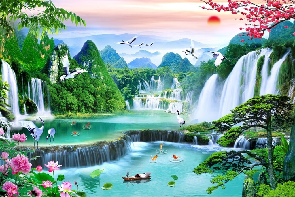 Tranh phong cảnh thác nước với núi non hùng vĩ