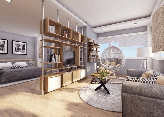 Thiết kế vách ngăn phòng ngủ kết hợp kệ tivi chia nhiều ngăn, đặt thêm sách và đồ trang trí rất tiện lợi