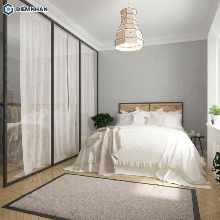 Vách ngăn phòng ngủ kết hợp kính và rèm đảm bảo riêng tư