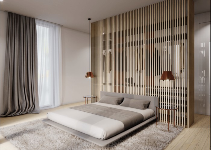 Vách ngăn phòng ngủ bằng gỗ công nghiệp dạng các thanh sọc