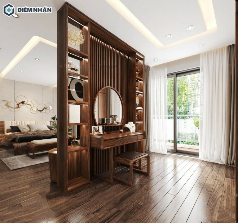 Vách ngăn lam gỗ kết hợp bàn trang điểm trong phòng ngủ
