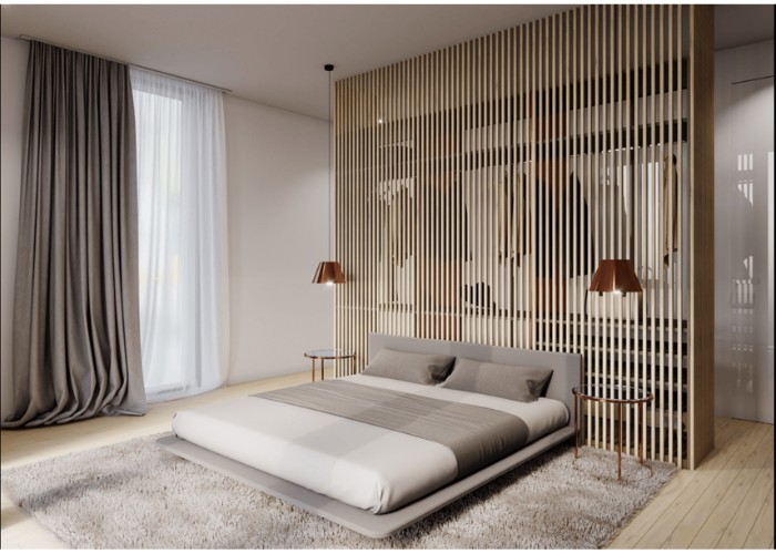 Mẫu vách ngăn phòng ngủ đơn giản nhưng không kém phần độc đáo với thiết kế thanh gỗ tạo kẽ hở đan xen