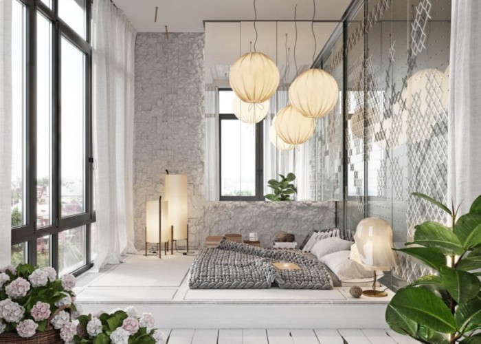 Vách ngăn bằng kính kết hợp rèm trắng tinh tế cho phòng ngủ trở nên tươi mới, sống động