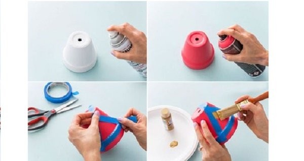 Quá trình sơn màu cho chậu cây trước khi đặt lên kệ trồng hoa