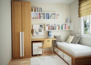 Mẫu phòng ngủ 8 mét vuông với tông màu trắng và gỗ